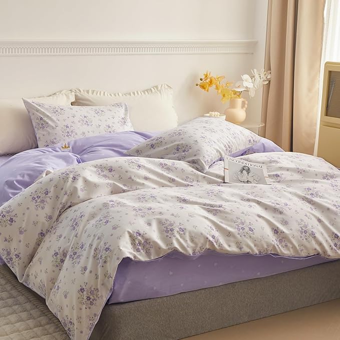 LifeTB Purple Floral Duvet Cover Twin XL Soft White 100% Cotton Chic Garden Floral Bedding Set Twin XL Aesthetic Girls Flower Comforter Cover Vintage Floral Botanical Duvet Cover with Zipper Closure