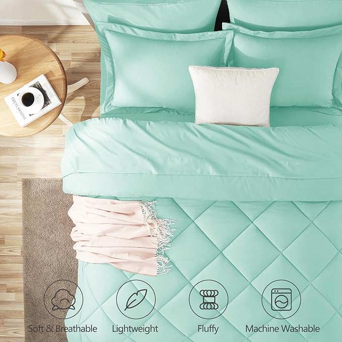 CozyLux Queen Comforter Set Mint Green - Bed in a Bag Queen Size 7 Pieces, Luxury Soft Bed Set for All Seasons, Bedding Set with Down Alternative Comforter, Sheets, Pillowcases & Shams