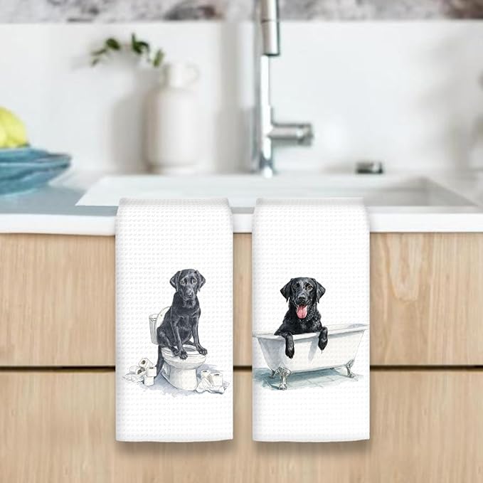 Funny Black Lab Dog Hand Towels Set of 2, Gifts for Labrador Retriever Dog Owners Lovers, Black Labrador Decor for Bathroom, Pet Lovers Gifts Toilet Hand Towels for Bathroom Washroom, 16x24In
