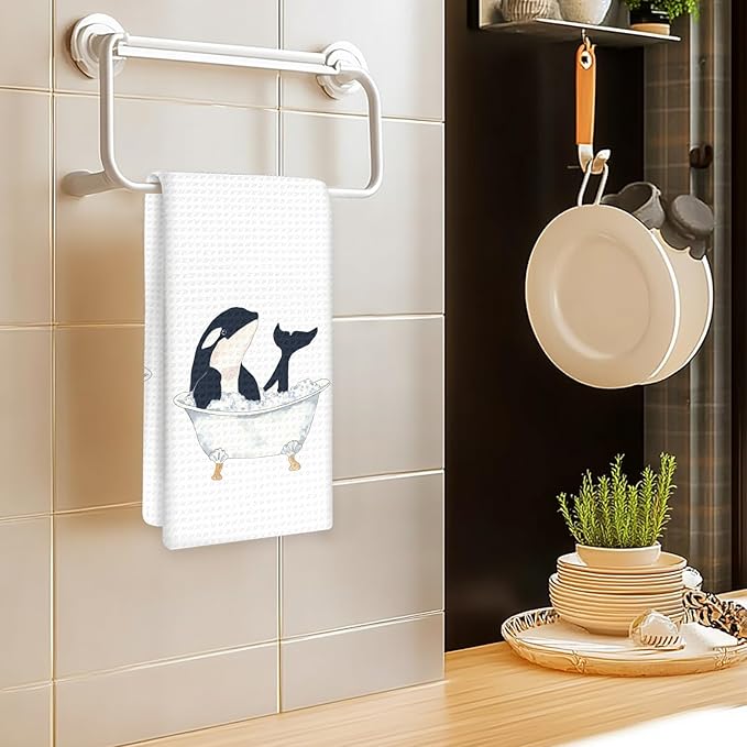 Funny Killer Whale Kids Bathroom Hand Towels, Sea Life Nautical Ocean Animal Decor for Bathrooms, Fun Killer Whale Taking Bath Hand Towels for Bathroom Washroom, 16x24In