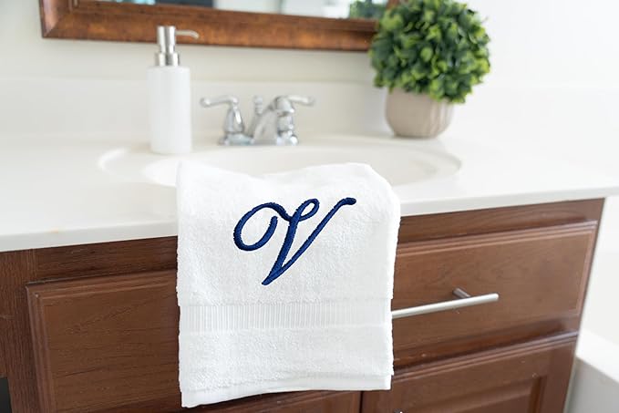 White Monogrammed Hand Towels for Bathroom - Luxury Hotel Quality Personalized Initial Embroidered Towel for Powder Room, Spa - GOTS Organic Certified - Set of 2 Navy Letter V