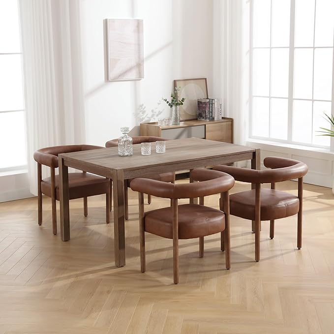 Mid-Century Modern Dining Chairs Set of 4, Armrest Barrel Dining Chairs Side Accent Chairs with Curved Back, Upholstered Wood Armchairs for Kitchen, PU Leather Brown
