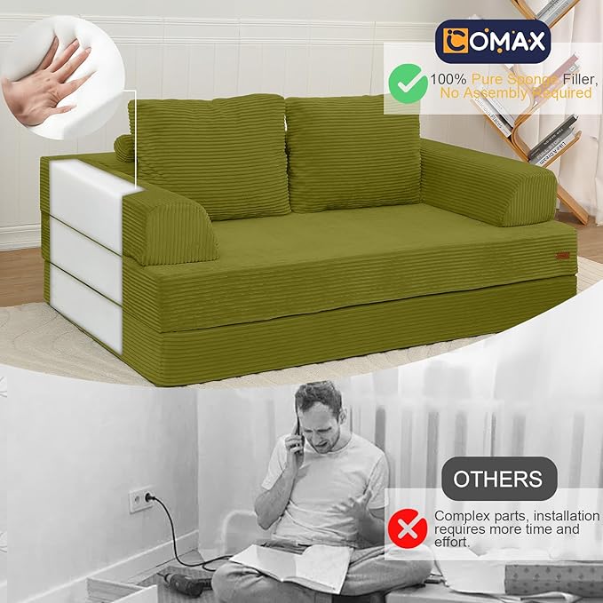 COMAX Convertible Sofa Bed, Folding Floor Couch Corduroy Fold Out Couch Bed Futon Sleeper Mattress with Pillows, Boneless Sofa Comfy Lounge Loveseat for Living Room Bedroom, Light Green