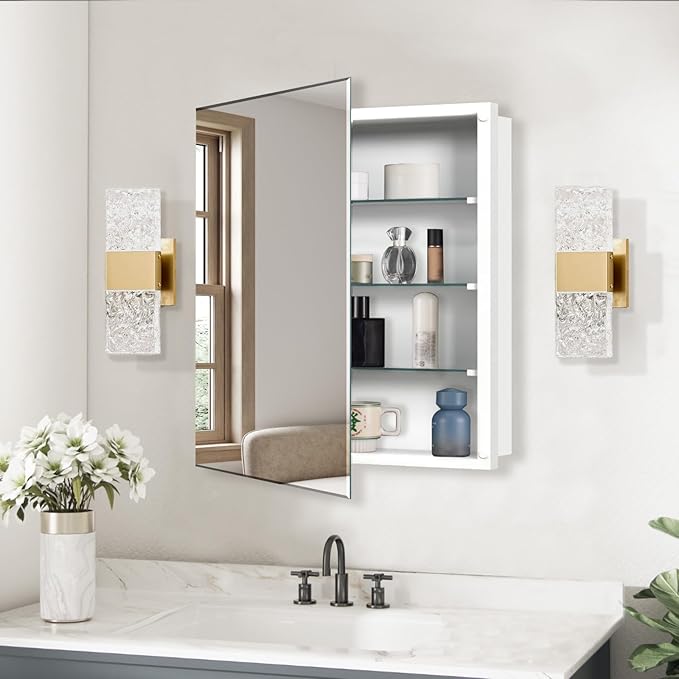 Medicine Cabinet, Rectangular Beveled Frameless Mirror Cabinet,Wall Mounted Cabinet for Bathroom Toilet Kitchen,Recess or Surface Mount,24x24 in