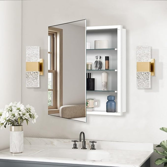 Medicine Cabinet, Rectangular Beveled Frameless Mirror Cabinet,Wall Mounted Cabinet for Bathroom Toilet Kitchen,Recess or Surface Mount,24x24 in