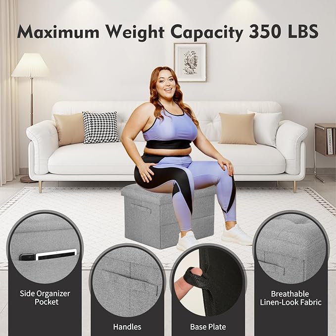 Folding Storage Ottoman, Linen Footstool Bench with Thicker Foam Padded Seat. Ottoman Foot Rest for Living Room, Bedroom, Home Office, Coffee Table. 350lbs Load Capacity, 17x13x13in, Light Gray
