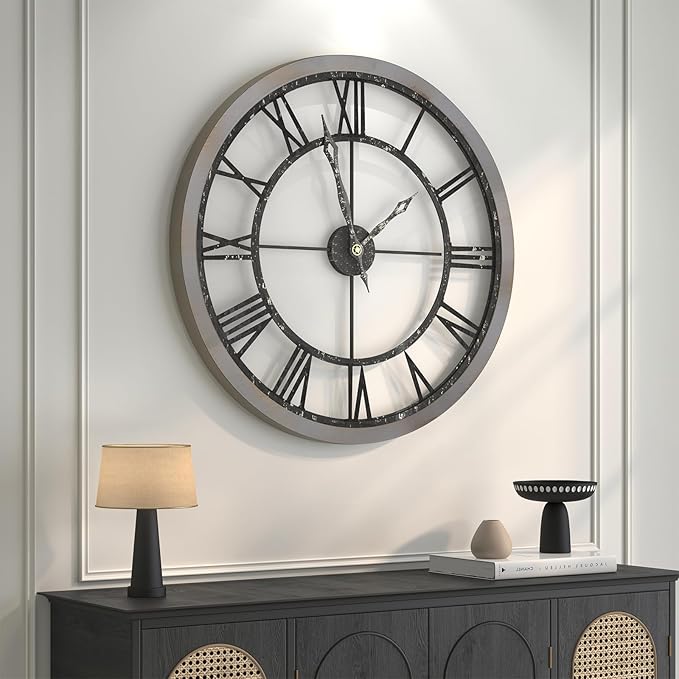 Cuspin Extra Large Wall Clock 36 Inch, Big Wood Metal Decorative Clocks for Living Room, Non-Ticking Silent Battery Operated Farmhouse Wall Clock Roman Numerals for Kitchen, Study, Office