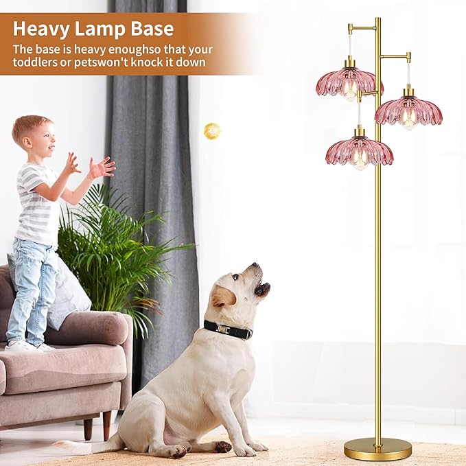 Vintage Floor Lamps for Living Room Bedroom-3 Light Glass Floor Lamp with Three Led Bulb, Modern Mid Century Standing Lamp Brass Tall Lamp Gold Tree Floor Lamp for Bedroom Corner