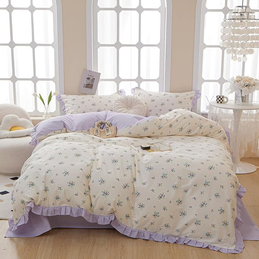 Purple Lace Duvet Cover Queen Soft 100% Cotton Purple Flower Duvet Cover Girls Floral Comforter Cover Garden Style Princess Bedding Set Cottagecore Flower Ruffle Comforter Cover with Zipper Closure