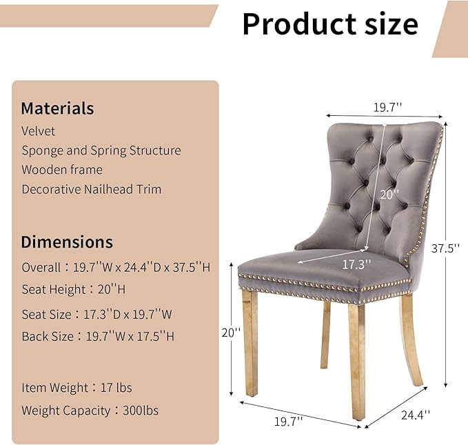 Luxury Upholstered Dining Chairs Set of 4, Grey Kitchen Chair with Golden Metal Legs, Velvet Tufted Back Dining Chair, Sillas de Comedor, Modern Kitchen & Dining Room Chairs (Gray, 4 Pcs)