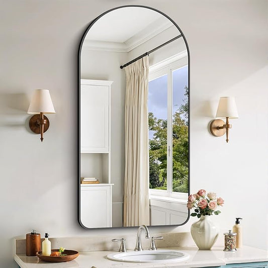 Arched Bathroom Mirror, 24"x48" Black Arched Mirror for Bathroom, Wall Mounted Mirror, Black Vanity Wall Mirror w/Metal Frame for Bedroom, Entryway, Living Room, Vertically Hanging