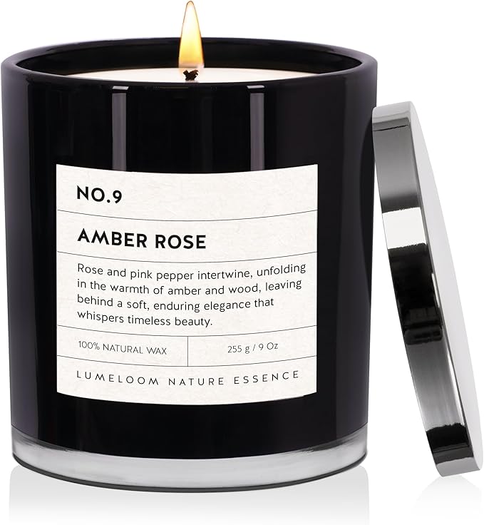 Amber & Rose Luxury Scented Candles, 9oz Soy Wax Candles for Home Scented, Rose, Wood, Amber Scent, Long Burning Time, Gifts for Christmas, Women, Friends, Men, Sister, Mom, Teacher