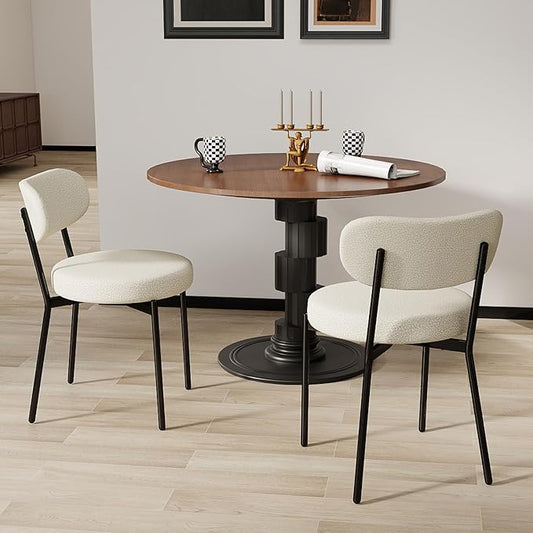 Dining Chairs Set of 2 pcs, Boucle Comfortable Upholstered Seat Fabric with Curved Backrest, Mid Century Modern Contemporary Scandinavian Designer Chairs Ideal for Dining Room, Kitchen, White
