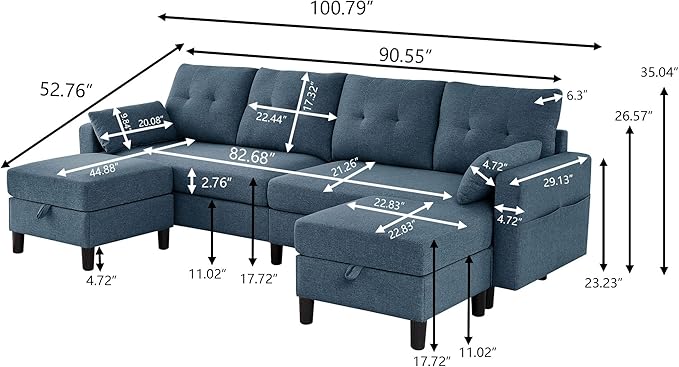 101" Convertible Sectional Sofa, Modern Linen Fabric U-Shaped Couch with 2 Storage Ottomans and Storage Pocket, 4 Seat Sofa Couches for Living Room, Apartment, Office, Blue