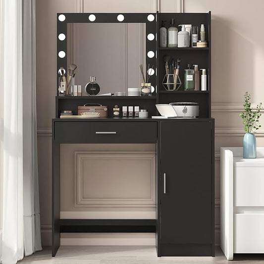 Vanity Desk with Mirror & Light, Large Drawer & Three Level Storage Dresser, 3 Lighting Modes Adjustable Brightness, Bedroom Dressing Table (Black)
