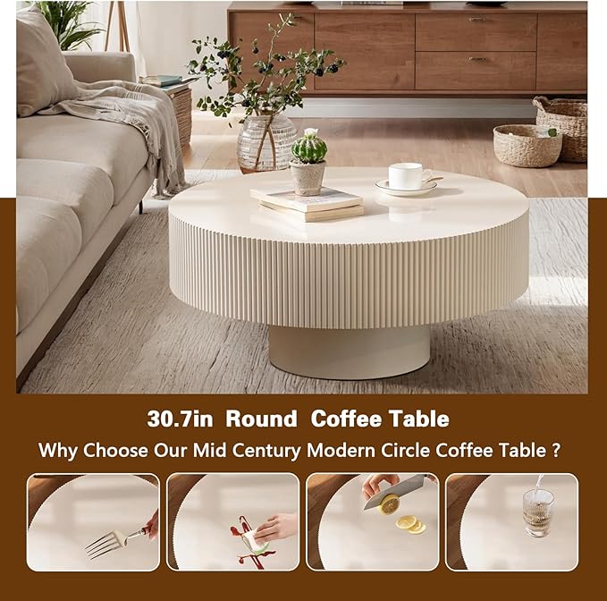 Round Drum Coffee Table Modern Coffee Table with Solid Wood Veneered Circle Center Table Accent Tea Table for Living Room Apartment Small Space (A)
