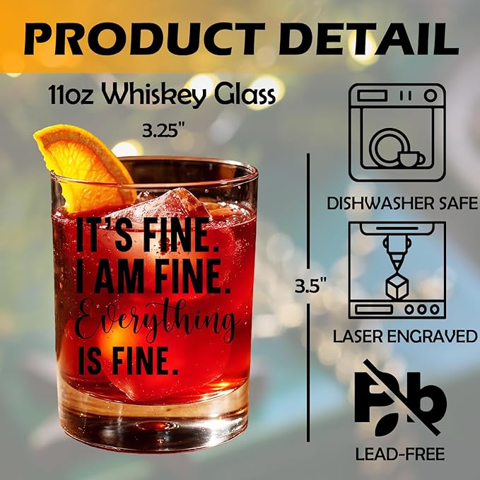 Everything is Fine Funny Old Fashioned Whiskey Glasses, Inspirational Gifts for Friend, Sarcastic Coworker Gifts 10 oz Rocks Barware Cup for Cocktail Drinks Scotch Bourbon Liquor