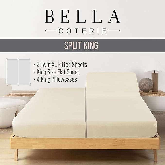 Bella Coterie 7 Piece Luxury Bamboo Viscose Split King Size Sheet Set | 2 Fitted Sheets for Adjustable Beds | 100% Organically Grown | Cooling for Hot Sleepers | 4 Pillowcases [Ivory]