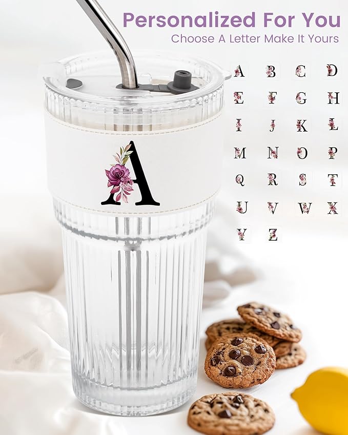 Initial Glass Straw Ribbed Cup with Lid Ice Tea Coffee Matcha Latte Tumbler Women Her Sister Girlfriend Gf Aunt Best Friend Friendship Bestie Wife Cute Asthetic Unique Birthday Personalized Gift A
