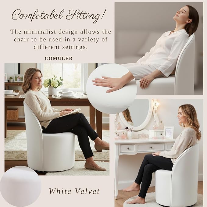 Modern Barrel Chair Swivel Base White Accent Chair 360°Rotating Vanity Chair Mid-Century Dining Side Chair Kitchen Chair for Living Room, Bedroom, Home, Office, Kitchen