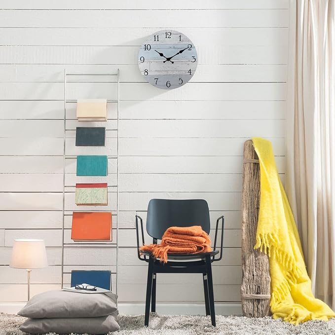 Plumeet Smaill Wall Clock, 10'' Frameless Wooden Wall Clocks with Silent Quartz Movement, Rustic Coastal Country Village Clocks Decorative for Kitchen Bedroom Living Room