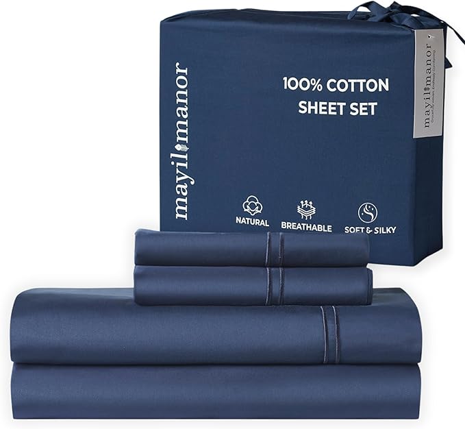 100% Natural Cotton Bed Sheets | 500 TC Single-Ply Sateen Weave Cal King Sheet Set | Breathable & Hypoallergenic Solid 4-Piece Bedding with Deep Pocket Fitted, Flat, Pillowcase | Navy Blue