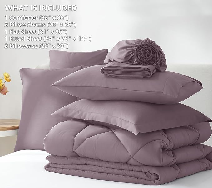 CozyLux Full Size Comforter Sets Dusty Purple - 7 Pieces Bed in a Bag Full, Soft Bed Set for All Seasons, Bedding Set with Down Alternative Comforter, Sheets, Pillowcases & Shams, Grayish Purple