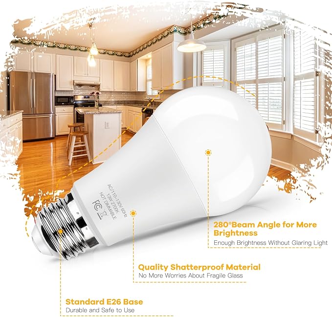 LED Light Bulbs 100W Equivalent 1500 Lumens, A19 13W 2700K Warm White Non-Dimmable, Super Bright No Flicker Standard E26 Edison Screw Bulbs for Home, Bedroom, Office Lamp, 12-Pack