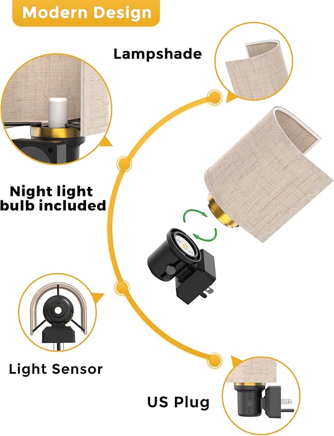 L LOHAS LED Bright Night Lights Plug into Wall, Plug in Night Light Dimmable, Daylight White, Decorative Nightlights Plug in Wall, Light Sensor, Linen Fabric Nightlight for Hallway Kitchen, 2 Pack