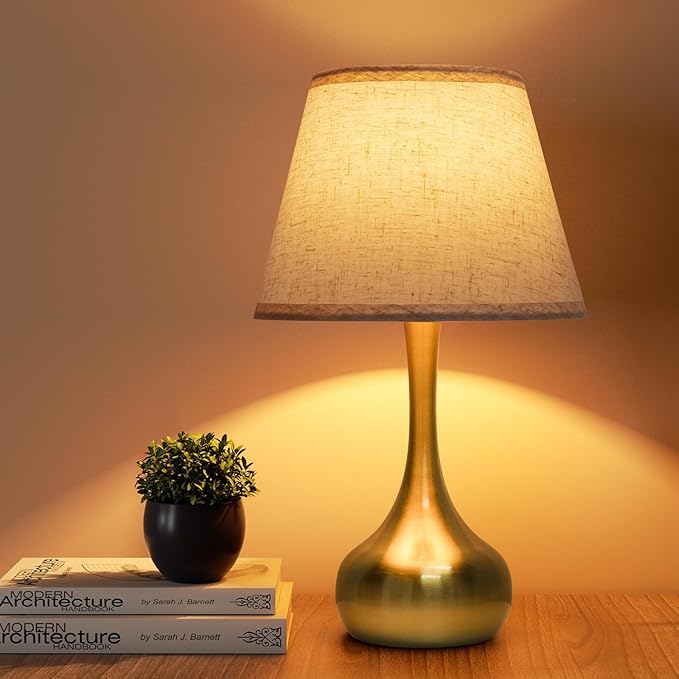 ONEWISH Touch Table Lamp for Bedroom, 3-Way Dimmable Gold Bedside Lamps for Nightstand with Fabric Shade, Desk Lamp for Kids Reading, Home Office