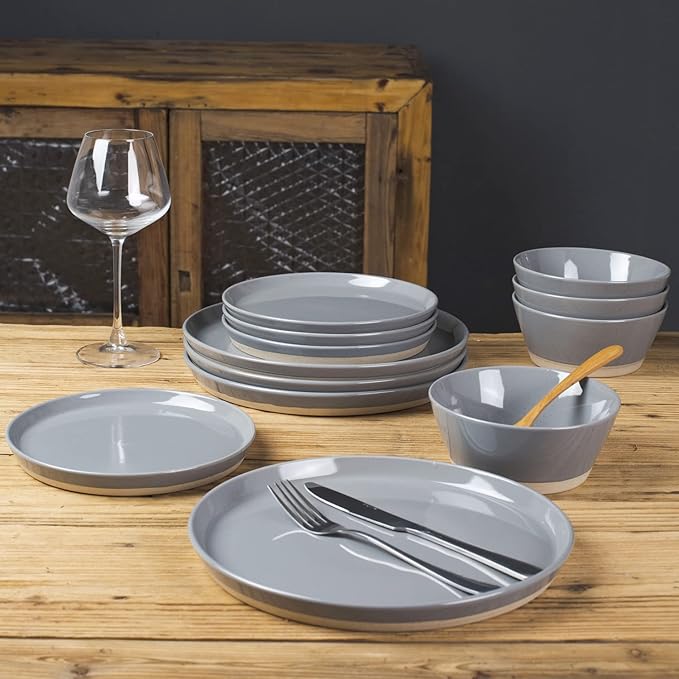 Famiware Saturn Dinnerware Set with Pasta Bowl, 16 Pieces Dish Set, Plates and Double Bowls Sets for 4, Chip and Scratch Resistant, Microwave and Dishwasher Safe Tableware, Dark Gray