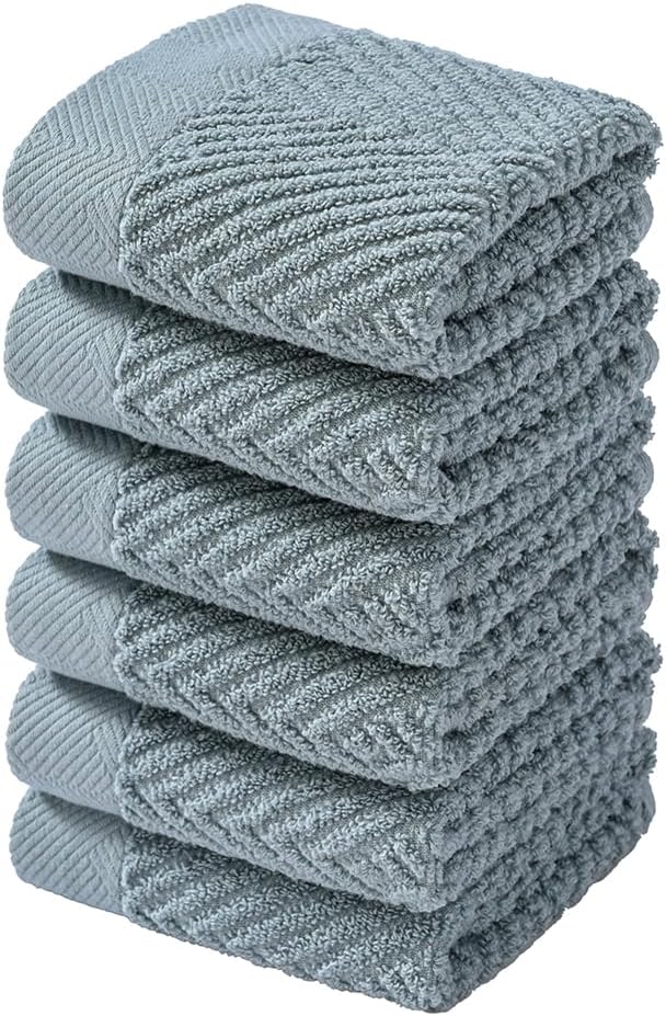 sense gnosis Sage Green Washcloth Set of 6 Striped Weave 100% Cotton Super Soft Highly Absorbent Summer Washcloths Towels for Kitchen Bathroom 13 x 13 Inch