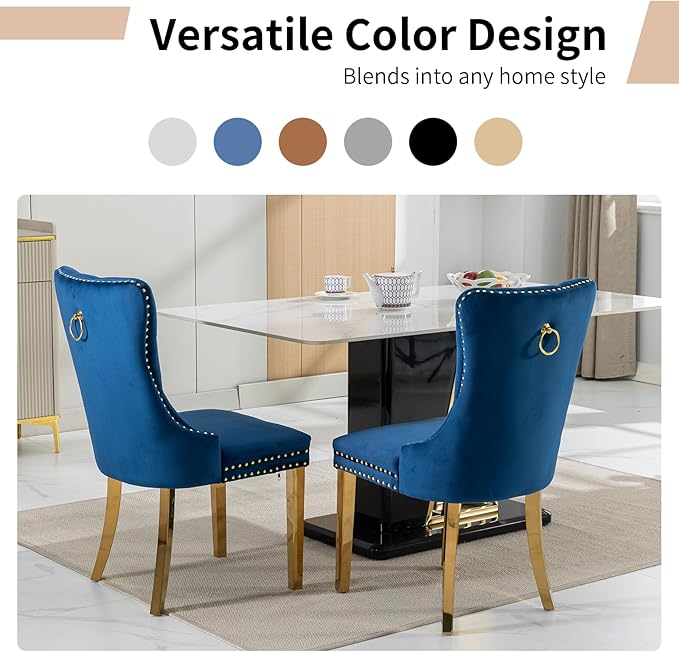 Luxury Upholstered Dining Chairs Set of 2, Blue Kitchen Chair with Golden Metal Legs, Velvet Tufted Back Dining Chair, Sillas de Comedor, Modern Kitchen & Dining Room Chairs (Blue, 2 Pcs)