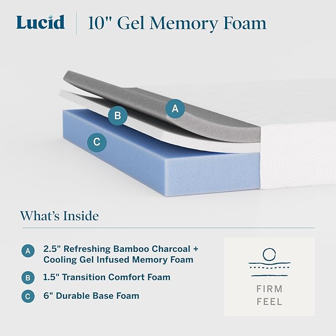 Lucid 10 Inch Memory Foam Mattress - Firm Feel - Infused with Refreshing Bamboo Charcoal and Cooling Gel - Bed in a Box - Temperature Regulating - Pressure Relief - Breathable - King Size