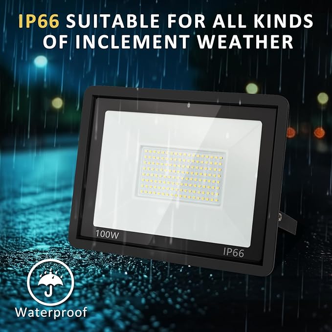 100W LED Flood Light Outdoor, 10000LM Super Bright Floodlight Outside Work Lightwith Plug, 6500K Daylight White LED Flood Light Outdoor, IP66 Waterproof Outdoor Flood Light-2Pack