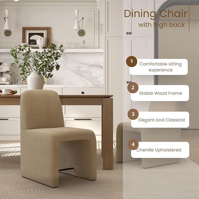 Khaki Upholstered Chenille Dining Chairs Set of 2, Mid Century Modern Dining Room Chairs with Deep Seat & Curved Back, Armless Side Chair Comfy Kitchen Chairs for Living Room/Kitchen