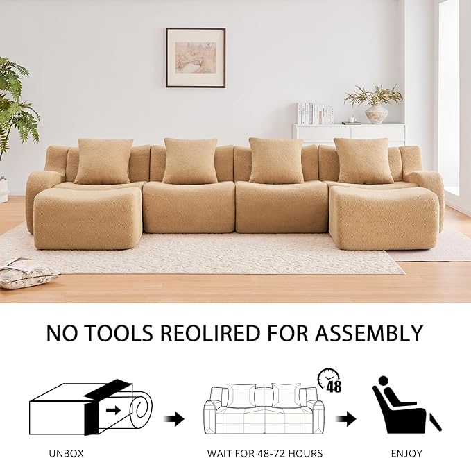 Camel Modular Cloud Couch Loveseat with 1 Ottoman, Teddy Fabric Boneless Sectional Sofa in a Box, Comfortable Floor Sofa for Living Room, No Assembly Required, Sofas para Sala