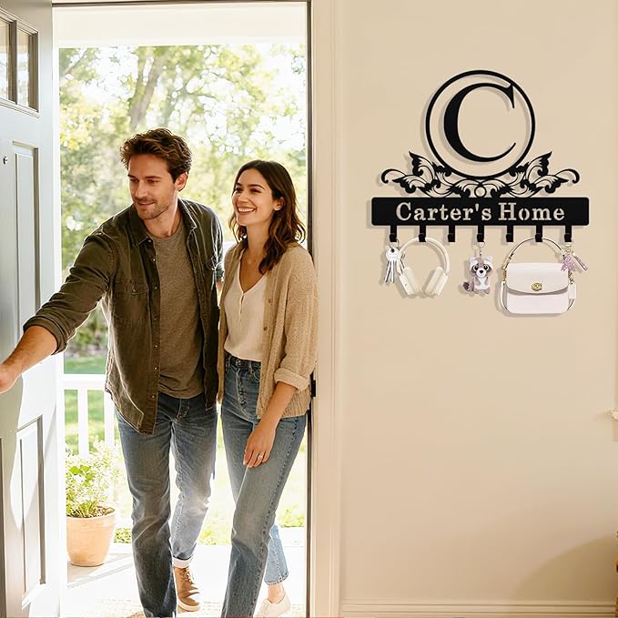 Personalized Monogram Key Holder Wall Mount, Custom Initial Name Metal Key Holder for Wall, Custom Keys Rack Hanger with Hooks for Entryway, Front Door, Hallway, Living Room, Kitchen