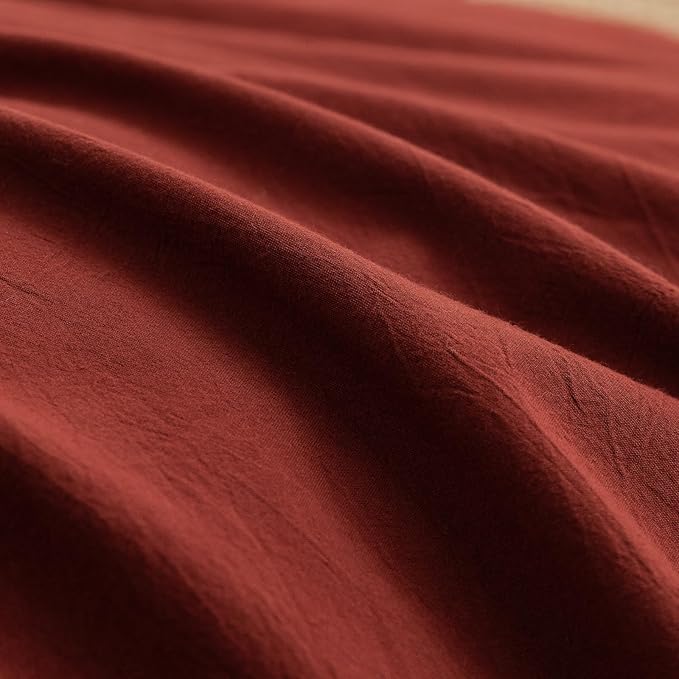BESTOUCH Duvet Cover Set 100% Washed Cotton Linen Feel Super Soft Comfortable Chic Lightweight 3 PCs Home Bedding Set Solid Fired Brick Red Oversized Full