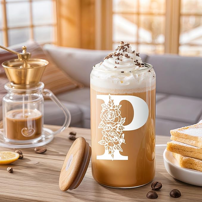 DWTS DANWEITESI Birthday Gifts for Women: Initial Glass Cup as Office Graduation Memorial Holiday Personalized Gifts - for Husband Aunt Uncle Teen Boy Employee Coworkers Him and Her - P Aesthetic Cup