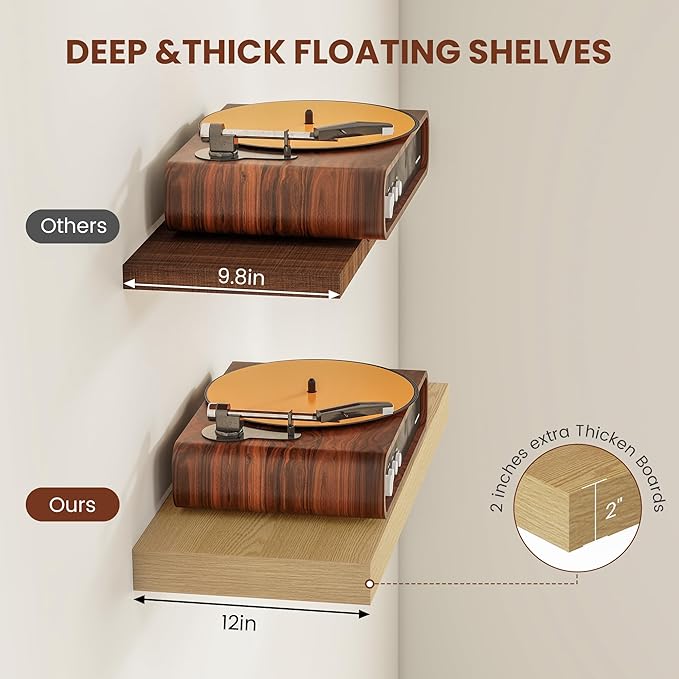 Vivelove 12 Inch Deep Floating Shelves 55 inch Long, 2 Inch Thick Wall Shelves with Invisible Brackets, Shelf for Bedroom Bathroom Living Room Kitchen Office Home Decor, Modern Shelf Set of 2, Oak