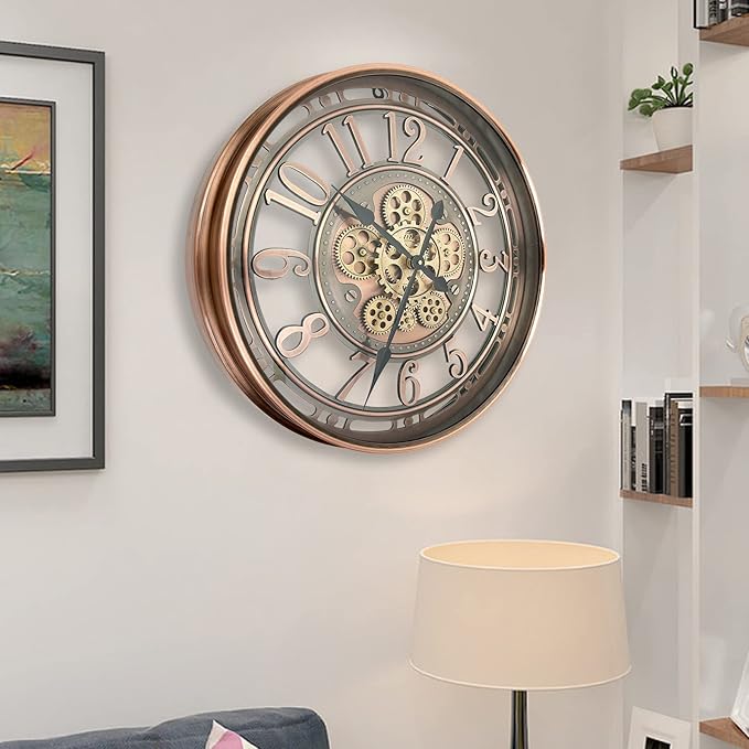 DORBOKER Real Moving Gears Wall Clock Large Modern Metal Clocks for Living Room Decor, Industrial Steampunk Unique Vintage Rustic Decorative Clock for Home Farmhouse Office, 30 Inch Red Copper Arabic