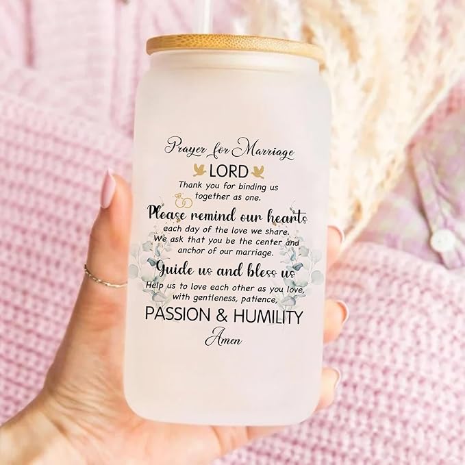 Marriage Wedding Gifts, Marriage Blessing Gifts Gifts For Couples, Prayer For Marriage Gifts For Couples, Wedding Sign Cup 16oz Glass Cup With Lid And Straw, Valentines Gift For Wife