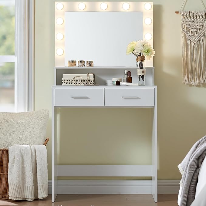 MIRROTOWEL Vanity Desk with Mirror and Lights, Dressing Table with Large Drawer, 2 Level Storage Dresser & 3 Lighting Modes Adjustable Brightness, Suitable for Bedroom