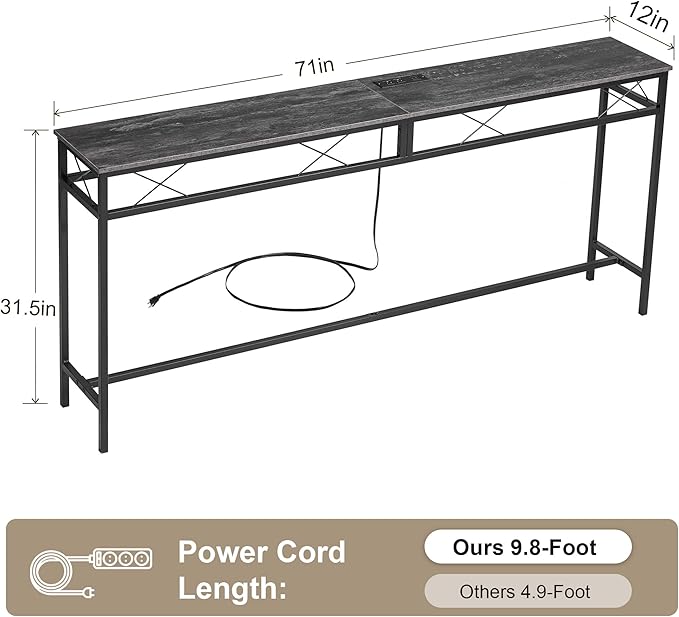 VECELO 71In Extra Long Narrow Sofa/Console Table with Charging Station & Power Outlet and USB Ports, for Entryway, Living Room, Office, Industrial, Dark Grey