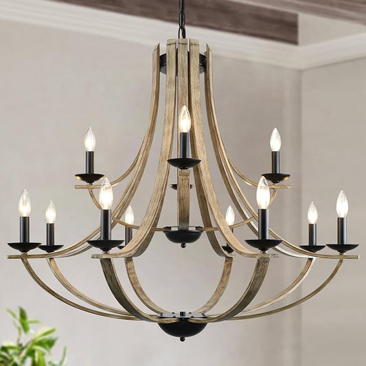 Farmhouse Chandeliers for Dining Room Light Fixture, 2 Tier 12-Light 41" Adjustable Height Retro Faux Wood Texture Rustic Light Fixtures for Living Room Bedroom Kitchen Island Foyer Entryway