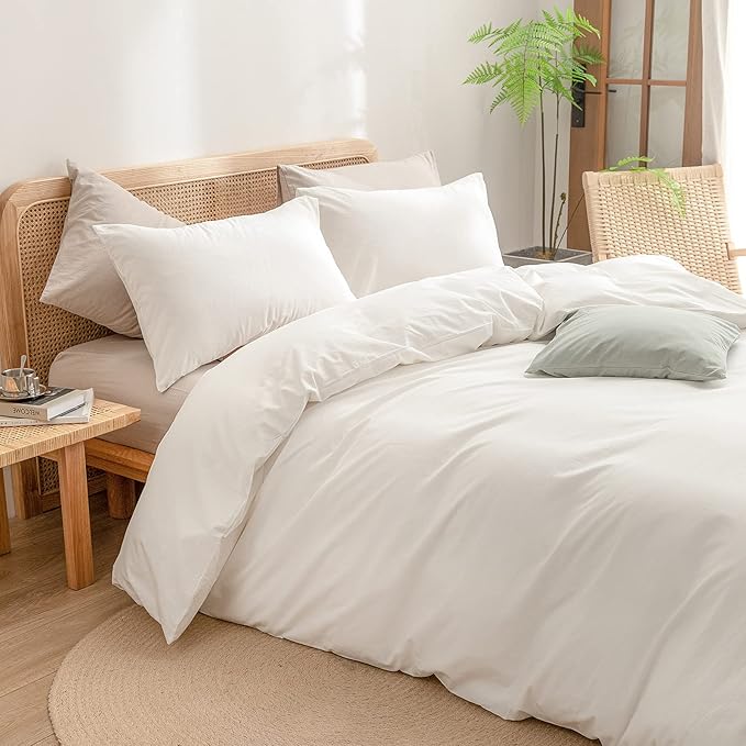 BESTOUCH Duvet Cover Set 100% Washed Cotton Linen Feel Super Soft Comfortable Chic Lightweight 3 PCs Home Bedding Set Solid Off White Full/Double
