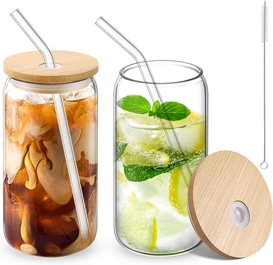 Glass Cups with Lid and Straw, 16oz Beer Glasses Coffee Cups, Iced Coffee Cups with Straw, Glass Tumbler (2 PACK)