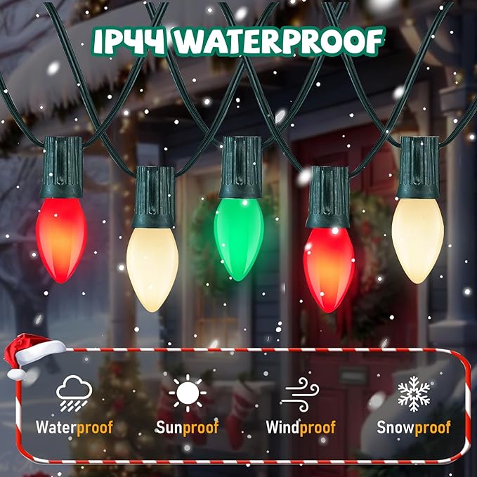 C7 LED Christmas String Lights,25ft LED Outdoor Christmas Light with 27 Red＆Green Bulb(2 Spare),Connectable Red and Green String Lights for Tree Yard Garden Porch Party Decor