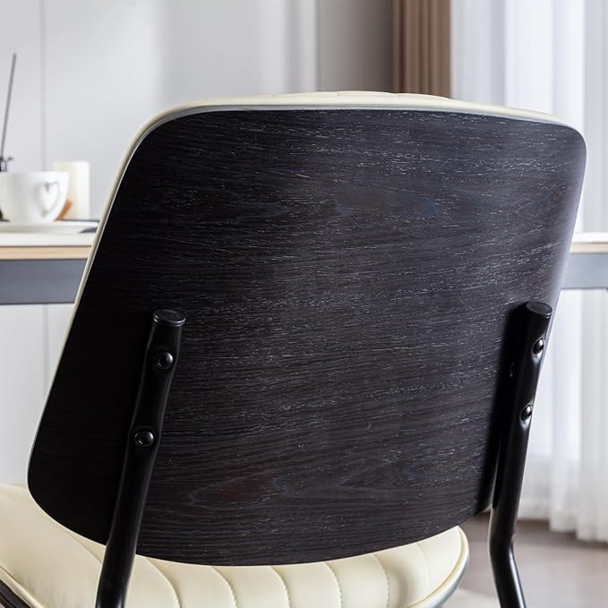 Dining Chairs Set of 8, Mid Century Modern Accent Dining Room and Kitchen Chairs, Upholstered PU Leather Vertical Stripe Chairs for Vanity with Walnut Bentwood and Metal Legs, Beige